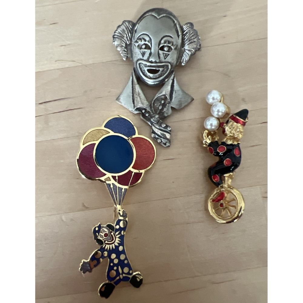 Vintage Taxco 925 Silver Clown‎ Brooch Pin Plus 2 Circus Polka Dot Enamel Pearls